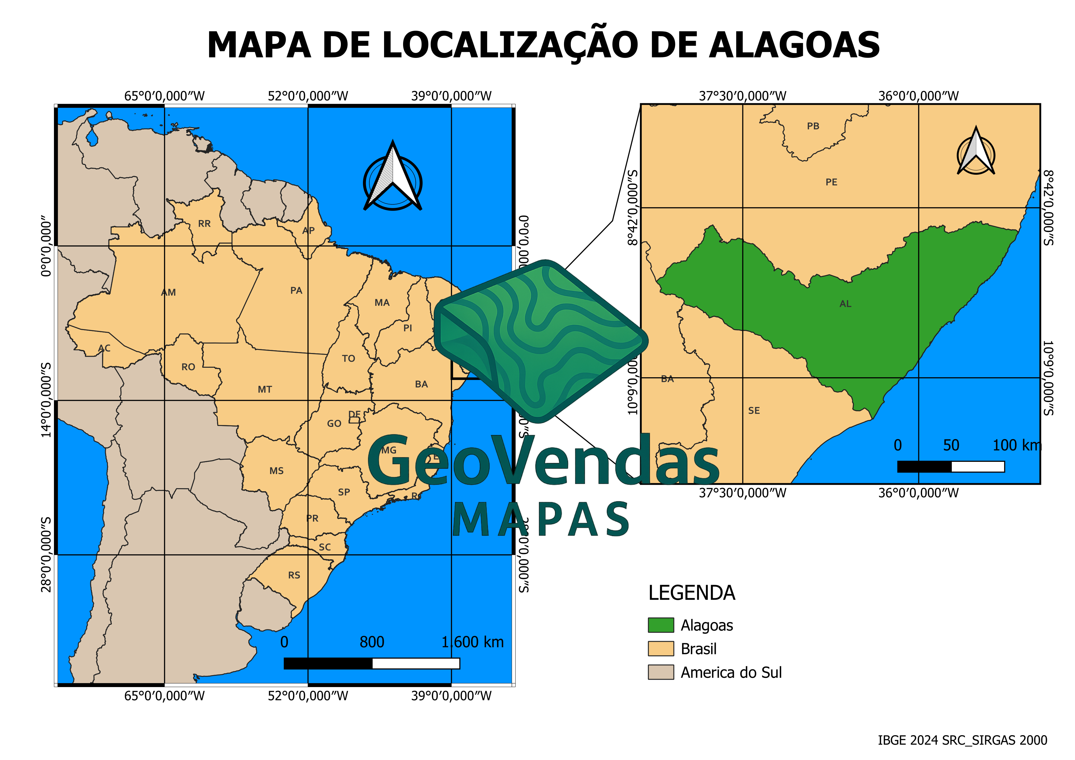 Mapa de localização de Alagoas